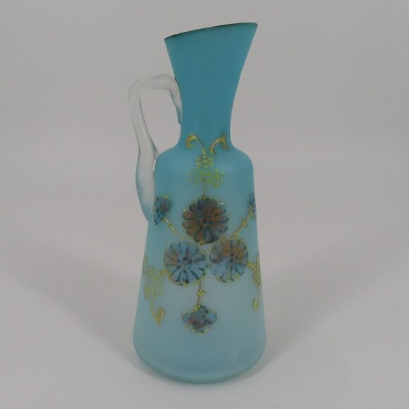 Antique Blue Satin Glass Gold Flower Floral Cruet Dressing Pitcher 6.9in Country - Picture 12 of 13